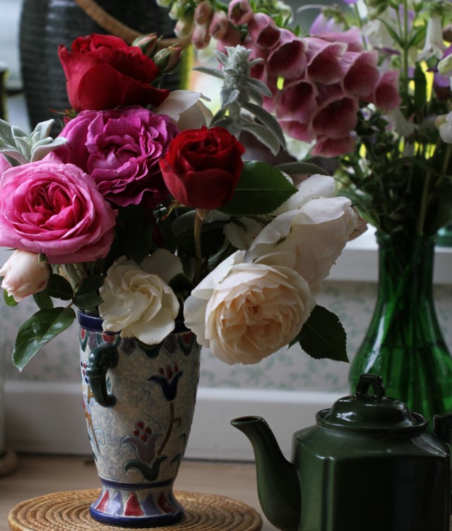 english roses foxglove strawberry merton cut flowers and teapot