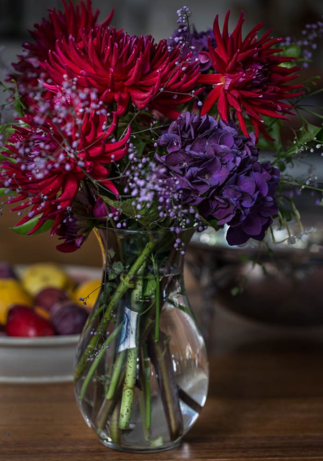 vase of dark red dahlias and purple hydrangeas