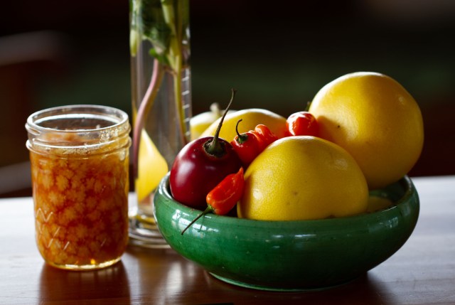 Winter fruit with crystal honey flowers